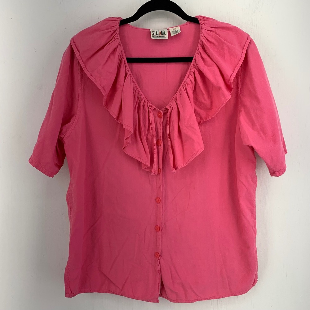 Vintage 90s Pink Cotton Ruffle Collar Button Up Top 14/16 Coquette Statement